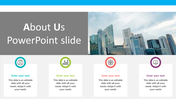  About Us template with a skyline image, gray title box, and four icon-labeled sections for text input at the bottom.
