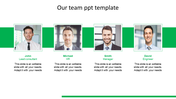 Team slide with four professionals in square frames, names, titles, and text descriptions on a green accented layout.