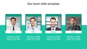Our team slide featuring four employee portraits in teal framed boxes, with names, titles, and descriptions. 