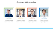 Team slide with four photos in colored frames of green, yellow, red, and blue, each with a name and role below.
