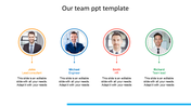Team slide with four professionals in frames, names, titles, and descriptions below, in orange, blue, red, and green accents.