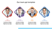 Team slide with four professional in frames, names, titles, and descriptions below, in red, purple, orange, and blue accents.