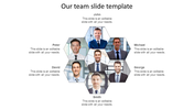 Our team PPT slide displays seven team members in hexagonal frames, with their roles listed beneath each photo.