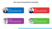 Our team template with four professionals in portraits, names, and placed in blue, red, purple, and green banners.