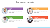 Team slide with four professionals in frames, names, titles, and descriptions inside purple, orange, green, and red banners.