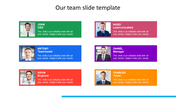 Employee profile slide featuring photos and details for six team members in distinct colored sections.
