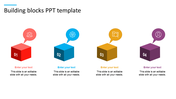 Building blocks PowerPoint template with four colorful cubes labeled 01, 02, 03, and 04, each with a corresponding icon.