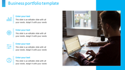 Portfolio slide with four text sections with icons, and an image of a man using a laptop on the right, with blue accents.