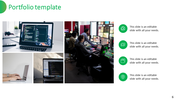Portfolio slide showcasing tech-related images of laptops and a control room, paired with green icons and caption areas.