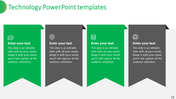 Technology slide with four banners with icons email, database, network, and a placeholder, each containing sections.