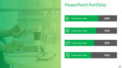 Portfolio slide with a green gradient overlay, featuring a laptop user on the left, and four progress bars on the right.
