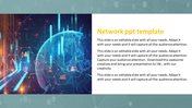 Network template with a digital globe, neon icons, futuristic data visuals, and a text box with a yellow heading.