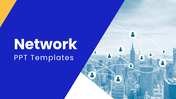 The Network PPT Template blue yellow layout with city network icons, charts, text boxes and geometric shapes.