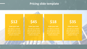 Pricing PowerPoint slide with four pricing tiers in yellow sections and placeholder text for each option.