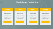 Simple design slide with four vertical white cards, yellow headers labeled Caption 1-4, text placeholders, and buttons.