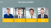 Team slide featuring four portraits of professionals labeled with names and roles on a gray network themed background.