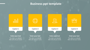 Business PowerPoint slide with four sections for content, each with distinct yellow icons.