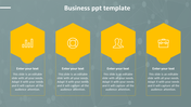 Business slide with four yellow hexagonal icons, each linked to a text box below, on a blue network themed background. 