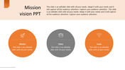 Slide with icons representing mission, vision, and goals in two orange and gray circles with icons and placeholder text.