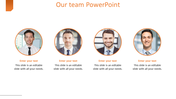 Business team slide with four headshots in orange frames, names and titles placeholders, and a clean white background. 