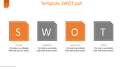 SWOT analysis slide with bold letters, in alternating orange and gray square blocks, aligned in a row.