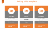 Pricing PPT template displaying three plans weekly pass, a monthly plan, and a 3 month pass with an orange and grey theme.