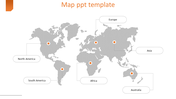 Gray world map with six labeled regions, marked with orange dots, on a white background with a title header.