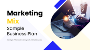 Marketing mix sample business plan slides with 4P strategy slides, charts, icons, and clean blue yellow layouts for growth.