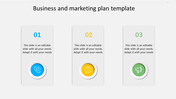 Business and marketing plan slide with sections labeled 01, 02, and 03, featuring blue, yellow, and green circular icons. 