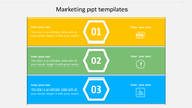 Marketing slide with three horizontal sections in yellow, green, and blue, each featuring a hexagonal number label.