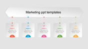 Marketing slide with five rectangular blocks in red, blue, pink, green, and orange, each featuring an icon and number.