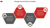 Colorful hexagonal PowerPoint template with placeholder text and icons on a white backdrop.