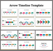 Arrow timeline template showcasing multiple slide with colorful sequential arrows, curved paths, and milestone markers.