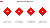 Slide with four red diamond shaped icons featuring business symbols, aligned horizontally on a white background.
