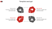 Hexagonal SWOT diagram with thumbs up, thumbs down, megaphone, and warning icons in a circular flow.