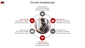 Business slide with a circular layout, featuring a image, six surrounding icons, and placeholder text around the diagram.