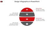 Infographic PowerPoint slide design with red and grey layered sections, each featuring icons with placeholder text.