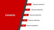 Contents slide with a vertical strip and five red bordered numbered items on a white theme.