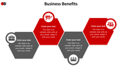 Business benefits slide with four gray and red hexagonal sections, featuring icons with placeholder text on a white theme.