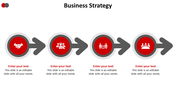 Business strategy slide with four red circles and arrows, each representing a step with an icon and placeholder text.