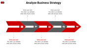 Business strategy slide with 5 red and gray arrows a briefcase, teamwork growth, group, and handshake icons, each with text.