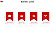 Business ethics slide with 4 red banner icons with business tools, teamwork, analysis, and partnerships, connected by lines.