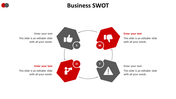 Business SWOT slide with four colored hexagons representing strengths, weaknesses, opportunities, and threats.