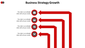 Business strategy growth slide with four red directional arrows, each representing different business aspects.