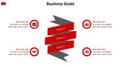 Business goals slide with a ribbon design and four sections featuring red icons with text placeholders on a white backdrop.