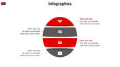 Infographic slide with four sections in a red and gray oval shape featuring icons with placeholders for text.