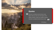A PowerPoint slide with a nature background and a quote box including a mountain landscape and a person standing on rocks.