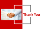 A PowerPoint slide with a handshake image and a thank you text in bold red font on a white background.