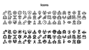 Collection of black business and technology icons organized in rows, with symbols such as a magnifying glass, and pie charts.