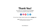 Thank you slide from SlideEgg with social media icons and a redesign page link for design requests on a white theme.